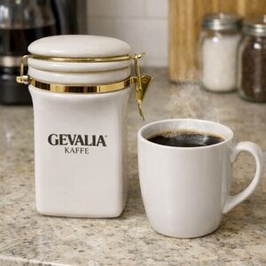 Gevalia Elegant White Coffee Canister with Gold Accents